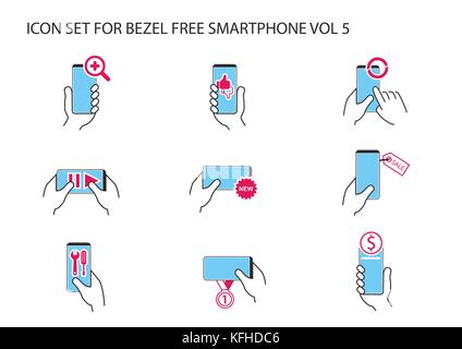Vector icon set of hand holding frameless smartphone in different positions with app symbols for like, dislike, streaming, online banking, new, synchr Stock Vector