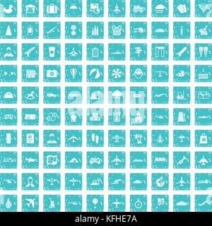 100 plane icons set grunge blue Stock Vector