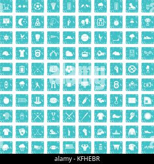 100 baseball icons set grunge blue Stock Vector