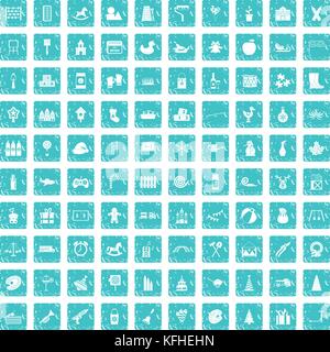 100 preschool education icons set grunge blue Stock Vector