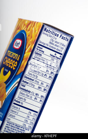 Nutrition information on box of  Kraft Macaroni & Cheese USA Stock Photo