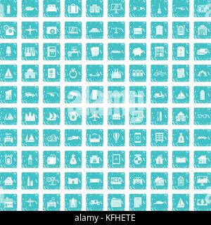 100 property icons set grunge blue Stock Vector