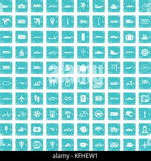 100 public transport icons set grunge blue Stock Vector