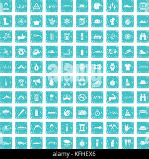 100 rafting icons set grunge blue Stock Vector