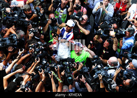 Mercedes' Lewis Hamilton celebrates winning the Formula One drivers' championship after the Mexican Grand Prix at the Autodromo Hermanos Rodriguez, Mexico City. Stock Photo