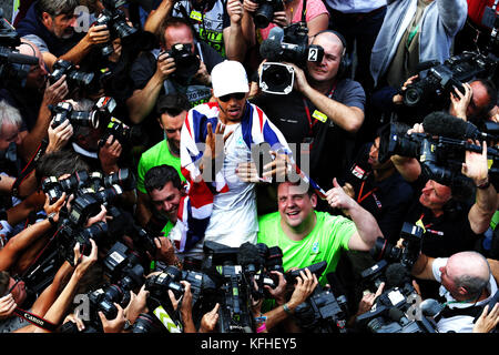 Mercedes' Lewis Hamilton celebrates winning the Formula One drivers' championship after the Mexican Grand Prix at the Autodromo Hermanos Rodriguez, Mexico City. Stock Photo