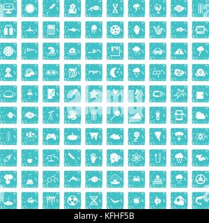 100 research icons set grunge blue Stock Vector