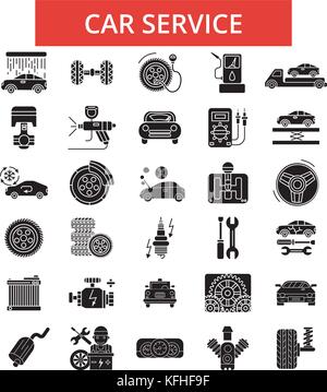 Car service illustration, thin line icons, linear flat signs, vector symbols, outline pictograms set, editable strokes Stock Vector