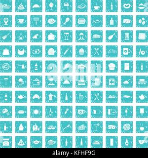 100 restaurant icons set grunge blue Stock Vector