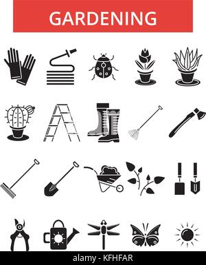 Gardening illustration, thin line icons, linear flat signs, vector symbols, outline pictograms set, editable strokes Stock Vector
