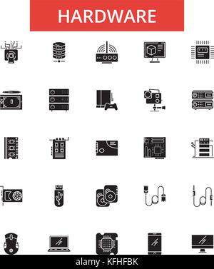 Hardware illustration, thin line icons, linear flat signs, vector symbols, outline pictograms set, editable strokes Stock Vector