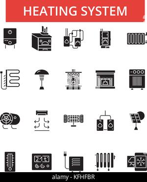 Heating system illustration, thin line icons, linear flat signs, vector symbols, outline pictograms set, editable strokes Stock Vector