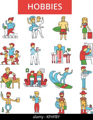 Hobbies illustration, thin line icons, linear flat signs, vector symbols, outline pictograms set, editable strokes Stock Vector