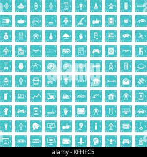 100 robot icons set grunge blue Stock Vector