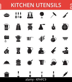 Kitchen utensils illustration, thin line icons, linear flat signs, vector symbols, outline pictograms set, editable strokes Stock Vector