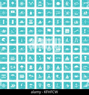 100 sailing vessel icons set grunge blue Stock Vector