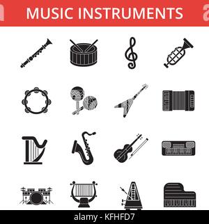 Music instruments illustration, thin line icons, linear flat signs, vector symbols, outline pictograms set, editable strokes Stock Vector