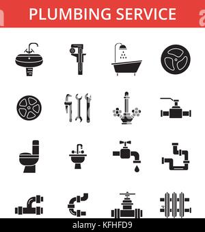 Plumbing service illustration, thin line icons, linear flat signs, vector symbols, outline pictograms set, editable strokes Stock Vector