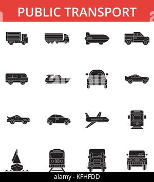 Public transport illustration, thin line icons, linear flat signs, vector symbols, outline pictograms set, editable strokes Stock Vector