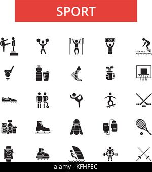 Sport illustration, thin line icons, linear flat signs, vector symbols, outline pictograms set, editable strokes Stock Vector