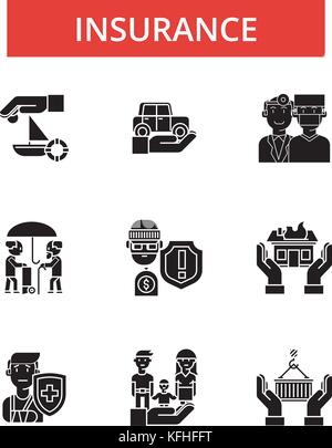 Insurance illustration, thin line icons, linear flat signs, vector symbols, outline pictograms set, editable strokes Stock Vector