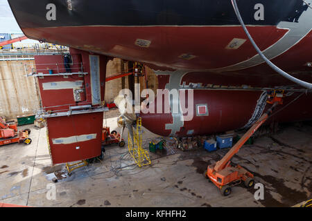 The ship on the stocks in the dry dock. Cam Ranh shipyard, Vietnam Stock Photo