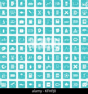100 school icons set grunge blue Stock Vector