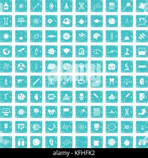 100 science icons set grunge blue Stock Vector