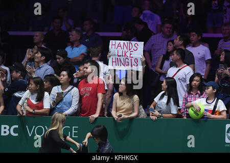 Singapore. 28th Oct, 2017. mage, OCT 28, 2017 - Tennis :BNP Paribas WTA Finals Singapore 2017 match between Yung-Jan Chan (TWN)/Martina Hingis (CHE) 0-2 Timea Babos (HUN)/Andrea Hlavackova (CZE) at Indoor Stadium in Singapore. Credit: Haruhiko Otsuka/AFLO/Alamy Live News Stock Photo