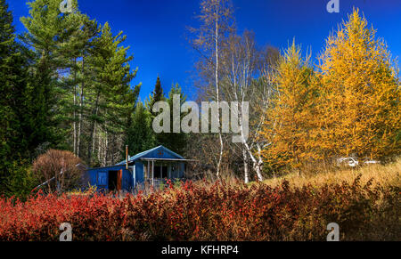 Autumn seasonal changes come to a private, family camp in Groton, VT, USA on Oct. 28th, 2017. Stock Photo