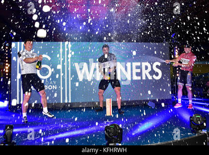London, UK. 29th Oct, 2017. Edward Dawkins (NZL) 2nd, Ethan Mitchell (NZL) 1srt, and Max Levy (GBR) 3rd at Winners Presentation  during Six Day London on Day 6 event on Sunday, 29 October 2017, London England. Credit: Taka Wu/Alamy Live News Stock Photo