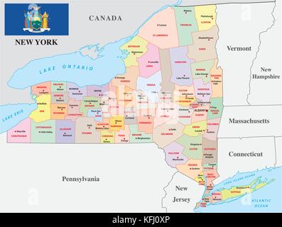 new york administrative and political vector map with flag Stock Vector