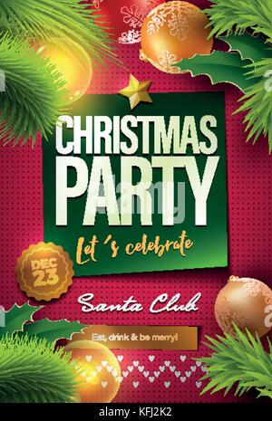 Merry Christmas Party Poster Design Template on vector knitted pattern. Elements are layered separately in vector file. Global colors. Easy editable. Stock Vector