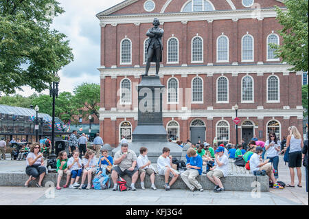 Samuel Adams statue in front of Faneuil Hall in Boston. Faneuil Hall was built in 1743 and is one of the most visited tourist sites in USA. Stock Photo