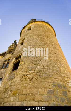 One of the round towers on the corner of the Château des Milandes, former home to Josephine Baker. Stock Photo