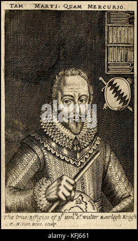 HISTORY OF TOBACCO - An old engraving showing  a portrait of Sir Walter Raleigh who brought tobacco to England for the first time  though it was already being smoked in Spain Stock Photo