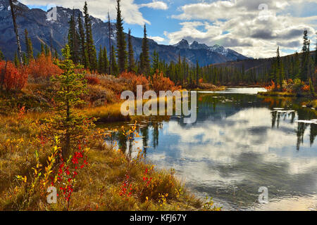 An autumn landscape image taken in Jasper National Park with the vegetation turning the bright fall colors on a bright autumn day. Stock Photo