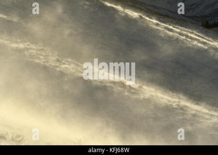 Strong wind blowing snow over ridge of a hill in the Peak District with ...