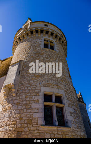 The Round tower on the corner of the Château des Milandes, known worldwide as the home of Josephine Baker. Stock Photo