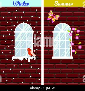Windows on red brick wall building winter and summer comparison. Stock Vector