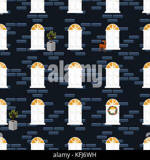 Doors seamless vector pattern and blue brick wall building. Stock Vector