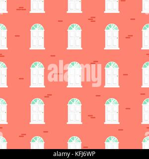 Doors seamless vector pattern and blue brick wall building. Stock Vector
