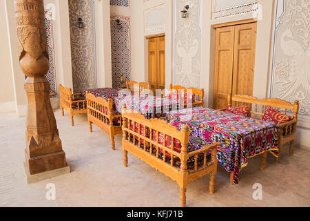 BUKHARA, UZBEKISTAN - OCTOBER 19, 2016: Hotel interior in Bukhara. Inner courtyard decorated in national style Stock Photo