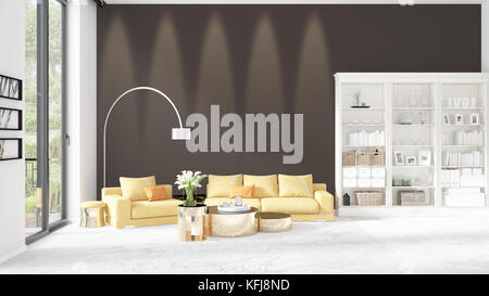 Scene with brand new interior in vogue with white rack and yellow couch. 3D rendering. Horizontal arrangement. Stock Photo