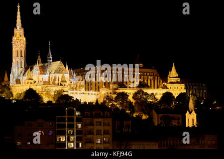 Matthias Church Budapest, view from distance across the river Danube at night