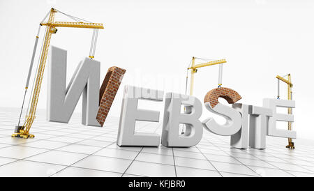 Yellow construction cranes delivering website word letters. 3D illustration. Stock Photo