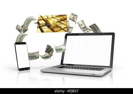 phone and a laptop with white screen, and credit cards isolated on white 3D iillustration Stock Photo