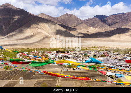 Top view of Samye monastery, with himalaya range in background - Tibet Stock Photo