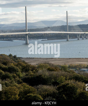 Rosyth Scotland, view of the new Queensferry crossing, a 2.7km road bridge between Edinburgh and Fife. the longest three-tower, cable-stayed bridge in