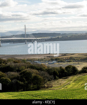 Rosyth Scotland, view of the new Queensferry crossing, a 2.7km road bridge between Edinburgh and Fife. the longest three-tower, cable-stayed bridge in